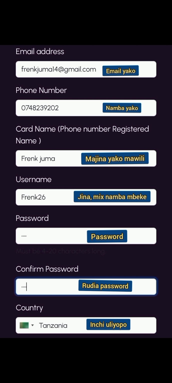 Mfano wa kujaza fomu ya usajili